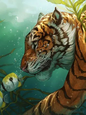 Скачать картинку Тигр под водой с рыбками бесплатно