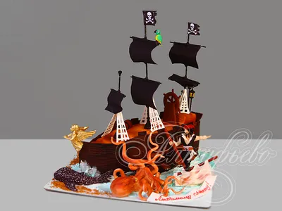 Торт Пиратский корабль 07053621 для мальчиков одноярусный с мастикой  стоимостью 11 950 рублей - торты на заказ ПРЕМИУМ-класса от КП «Алтуфьево»