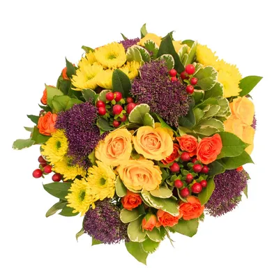 Арабская ночь: жёлтые и оранжевые розы, синий трахелиум и жёлтые хризантемы  по цене 7362 ₽ - купить в RoseMarkt с доставкой по Санкт-Петербургу
