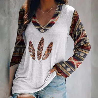 Женская Винтажная футболка в стиле пэчворк с принтом, пуловер с V-образным  вырезом, туника для ношения с леггинсами, повседневный свободный крой,  модные топы с длинным рукавом - купить по выгодной цене | AliExpress