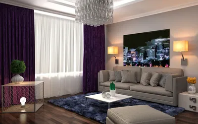 Фиолетовые шторы в интерьере гостиной - 48 фото