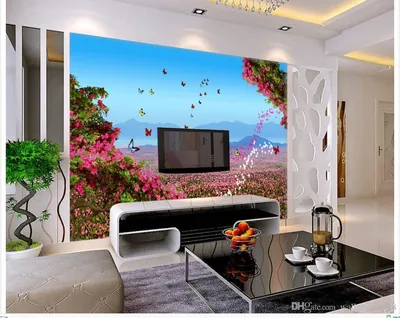 Фотообои на заказ Большие настенные росписи фоновые обои В гостинной  фиолетовые цветы и телевизор установка настенных