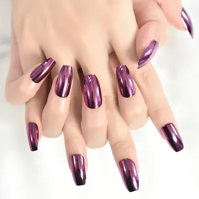 Металлический короткий зеркальный дизайн фиолетовый чистый цвет гроб  короткие ногти пресс на ногти искусство глянцевые накладные ногти полное  покрытие с вкладками - купить по выгодной цене | AliExpress
