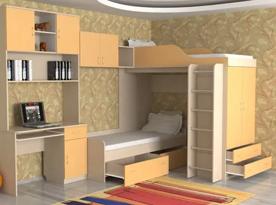 Детские двухъярусные кровати с диваном, со шкафом и со столом, детская  комната с кроватью трансформером