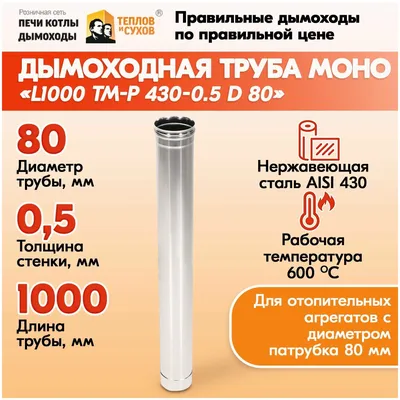 Трубы для дымохода из нержавейки L1000 ТМ-Р 430-0.5 D 80 для бани, газовый  дымоход для котла и печная труба для отопительной печи — купить в  интернет-магазине по низкой цене на Яндекс Маркете