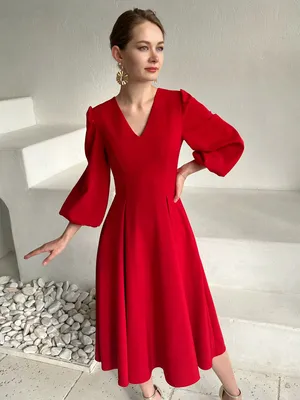 Нарядное платье миди с объемными рукавами (красный)