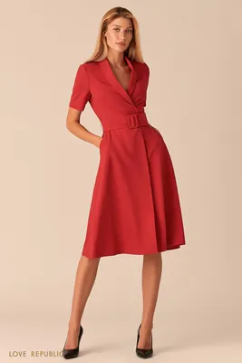 Красное платье миди с запахом и шалевым воротником 0357214504-70 - купить в  интернет-магазине LOVE REPUBLIC по цене: 1 199 руб