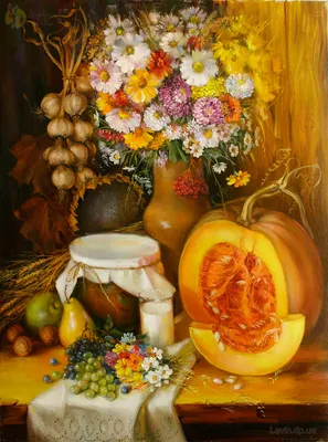 Натюрморт с цветами, тыквой, фруктами — Владимир Левин