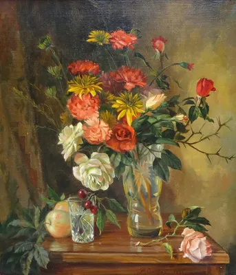 Купить картину Есиркеева Натюрморт на красном фоне. Цветы и фрукты