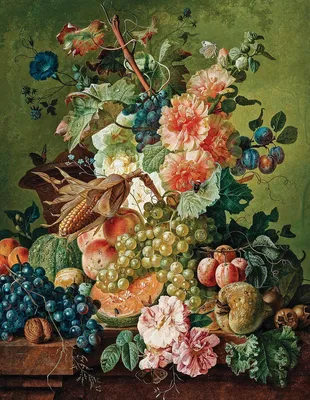Картинка на, натюрморт, цветов, букет, фрукты, столе, летний сад 1920x1080  скачать обои на рабочий стол бесплатно, фото 132347