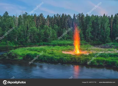 Пейзаж леса и реки ночью. Огромный огонь. В середине лета. стоковое фото  ©aleks_kend 449731718