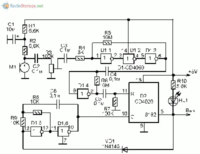 Схема акустического датчика (звуковое реле) на микросхемах CD4069, CD4020