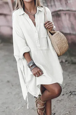 Белое свободное платье-рубашка с нагрудным карманом арт. 148779 |  интернет-магазин VitoRicci