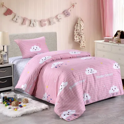 Веселые тучки (розовые) 1,5 спальное, сатин, 100 % хлопок | 1,5 спальные  комплекты | Детское постельное белье | Для детей | Каталог | Волшебный сон