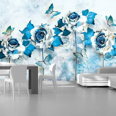 Фотообои Розы и бабочки в синих тонах купить на стену • Эко Обои
