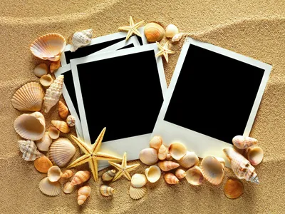 Изображение черных фоторамок на фоне морского песка и ракушек - обои на  телефон