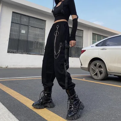 Купить Y2K Женская одежда Унисекс Панк Цепочка Черные брюки-карго Уличная одежда  Хип-хоп Высокая эластичная талия Повседневная мода Харадзюку Летние  гаремные брюки для женщин | Joom