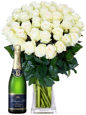 Подарочный набор из белых роз и игристого вина | Flora Online