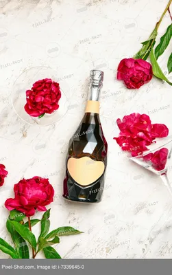 Бутылка шампанского и цветы на светлом фоне :: Стоковая фотография ::  Pixel-Shot Studio