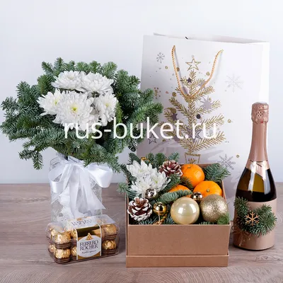 Композиция Подарочный набор \"Новогодняя сказка с безалкогольным шампанским\"»  с хризантемами - купить в Череповце за 9 070 руб