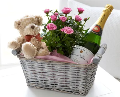 Скачать обои цветы, корзина, бутылка, розы, букет, мишка, шампанское,  плюшевый, раздел настроения в разрешении 3720x3000