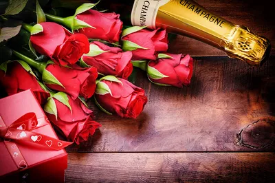 Фотографии роза красные Шампанское цветок Праздники