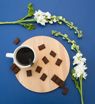 Фото Шоколад Кофе цветок Маттиола Чашка Продукты питания Цветной фон