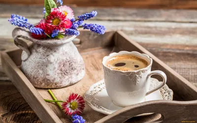 Чашка кофе и цветы фото