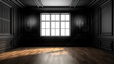 пустая черная комната с деревянным полом и окнами, 3d классическая пустая черная  комната с паркетом и классическими стеновыми панелями, большое окно и  внутреннее освещение дома, Hd фотография фото фон картинки и Фото