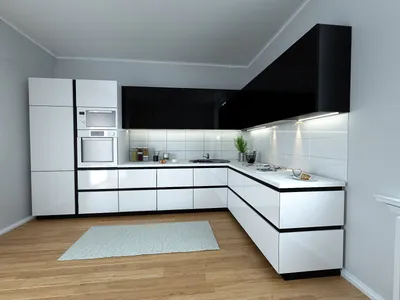 Черно белая угловая кухня - 67 фото