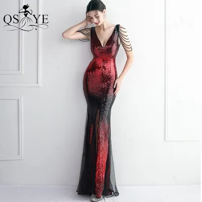 Выцветающее черно-красное вечернее платье, блестящее женское платье с  блестками, бретельками с бисером, сексуальное платье с V-образным вырезом  из тюля «рыбий хвост», официальное платье для вечеринки - купить по  выгодной цене | AliExpress