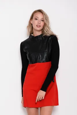 Черно-красное платье с карманами, длинными рукавами и вставкой из эко-кожи  54102 за 164 грн: купить из коллекции Personal style - issaplus.com