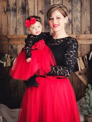Кружевные черно-красные платья с длинным рукавом для мамы и дочери,  винтажные черно-красные платья для мамы и детей на Рождество, праздничные  платья на заказ - купить по выгодной цене | AliExpress