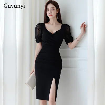 Женское элегантное офисное платье, черное облегающее платье с высокой  талией, V-образным вырезом и пышными рукавами, Корейская версия, лето 2022  - купить по выгодной цене | AliExpress