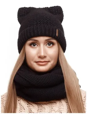 Шапка женская зимняя с ушками, осенняя, теплая, весенняя, вязаная, крупная  вязка, двухслойная, с подкладом, шапка кошечка, с отворотом, цвет черный —  купить в интернет-магазине по низкой цене на Яндекс Маркете