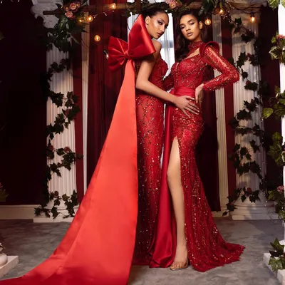 Шикарное красное вечернее платье с бусинами, Русалка с большим бантом на  спине, блестящие вечерние платья с кристаллами, индивидуальные новогодние  вечерние платья - купить по выгодной цене | AliExpress