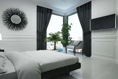 Угловое окно с черными пышными шторами в дизайне спальни