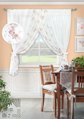 Белоснежный комплект штор для кухни с красивыми розовыми цветами в стиле  прованс, купить готовые шторы в интернет магазине дешево