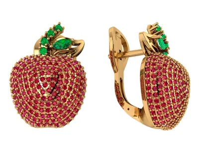 Эксклюзивные золотые серьги «Райское яблоко» с изумрудами и рубинами —  Покровский ювелирный завод