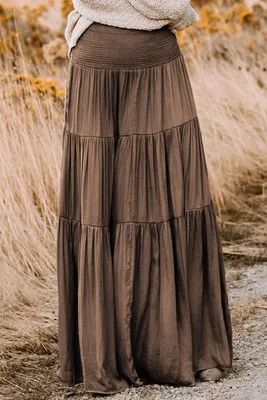 Кофейная многоярусная юбка в пол со сборками и широким поясом арт.122791 -  купить в Санкт-Петербурге