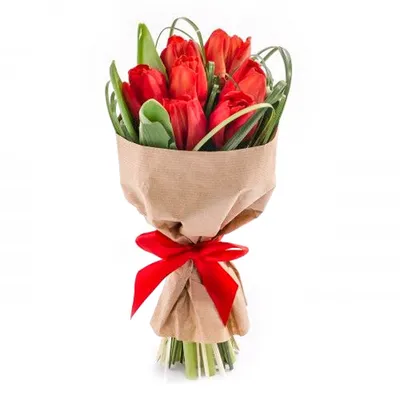 Букет Крафт-конверт с 11 красными тюльпанами с доставкой в Новосибирске.  Служба доставки цветов и подарков - FLO365
