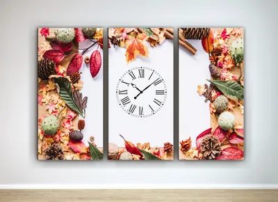 Модульная картина часы Натюрморт Листья, Шишки пейзаж габарит 90х60см из 3х  частей высокого качества от украинского производителя