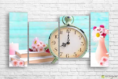 Старинные часы, книги и цветы-Квадриптих| Модульные картины, постеры,  печать на холсте, интернет магазин, Кишинев, Молдова