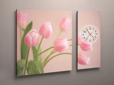 Модульная картина с часами розовые тюльпаны картина в подарок габарит  100*60 из 2 ч высокого качества от украинского производителя
