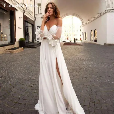 Элегантные свадебные платья а-силуэта для женщин, кружевное шифоновое платье  для невесты, с пышными рукавами, разрезами по бокам, женское платье -  купить по выгодной цене | AliExpress