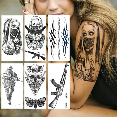 Креативные бандитские Временные татуировки, наклейки, реалистичные  поддельные водонепроницаемые татуировки для боди-арта, геометрические  черепа, АК-пистолет, тату для взрослых - купить по выгодной цене |  AliExpress