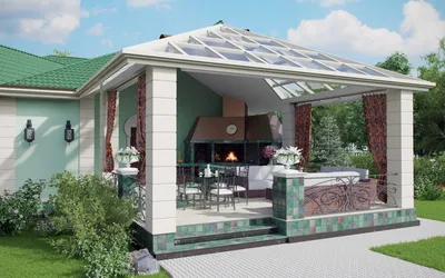 Баня с летней кухней: проект с террасой