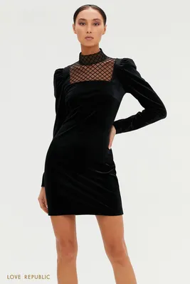 Черное бархатное платье с сетчатой зоной декольте 0451119574-50 - купить в  интернет-магазине LOVE REPUBLIC по цене: 2 799 руб