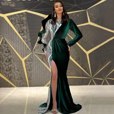 Женское вечернее платье с юбкой-годе, зеленое бархатное платье в  мусульманском стиле с длинным рукавом, элегантное платье с кружевной  аппликацией и разрезом сбоку для официальной вечеринки и выпускного вечера  - купить по выгодной