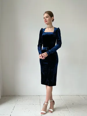 Вечернее бархатное платье миди с поясом (темно-синий)